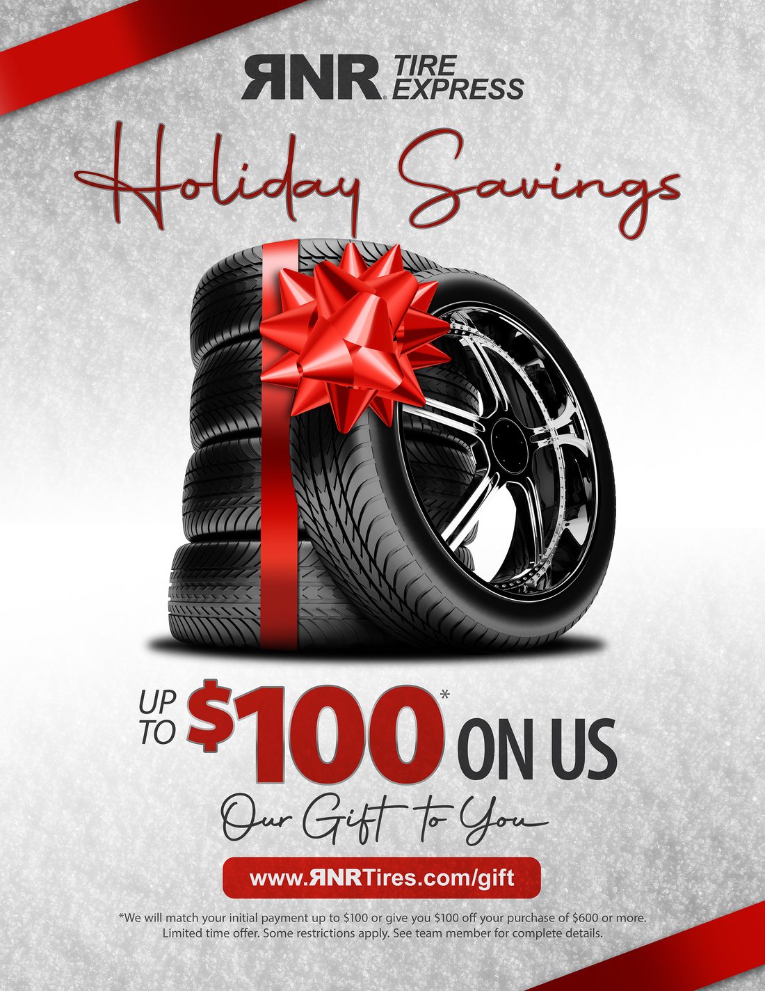 Holiday Savings tire promotion counter card